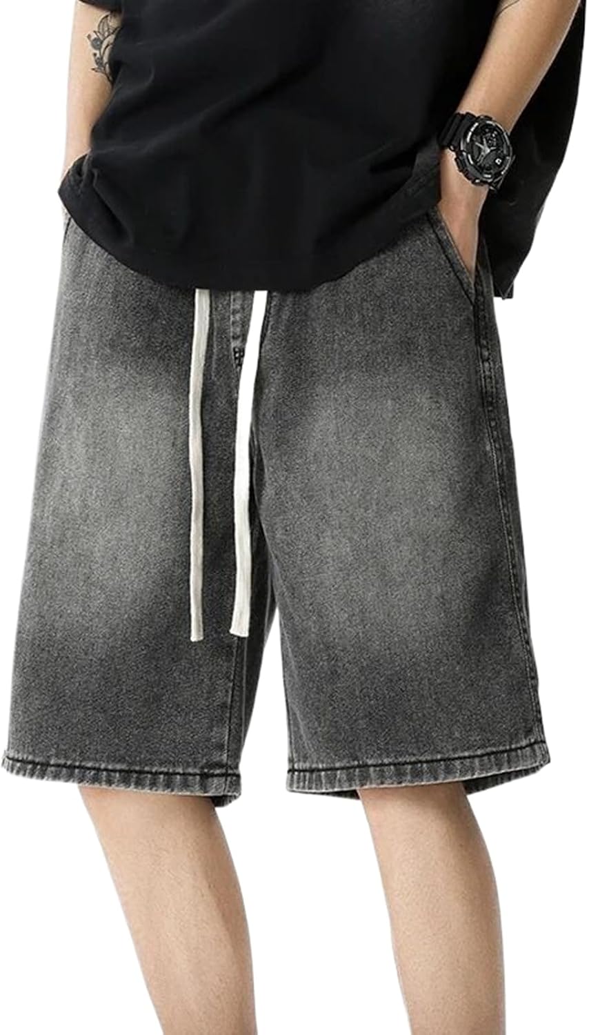 Casual Denim Shorts Men Elastic Waist Straight Pants Baggy Wide Male Jeans
