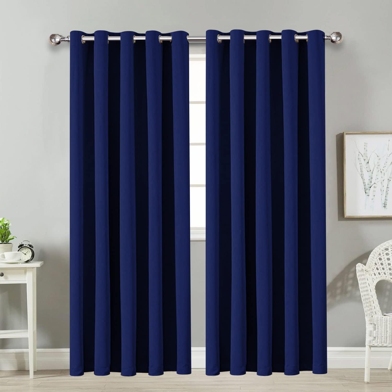 Yorkshire Bedding Navy Blackout Ring Top Curtains For Bedroom 66X90 Inch Super Soft Thermal Insulated Curtains Darkening Panels + 2 Tiebacks