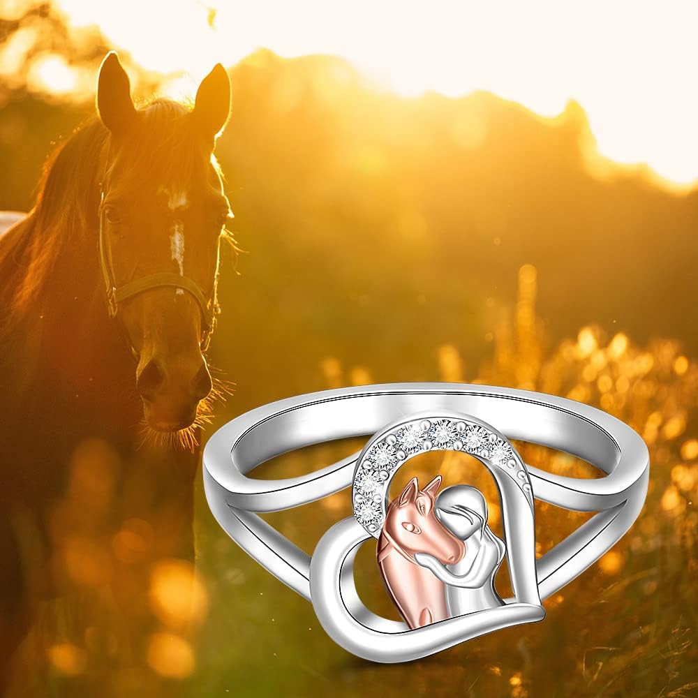 Fenthring Horse Ring for Women Sterling Silver Cute Animal Heart Horse Rings Jewelry Charms Friendship Wedding Christmas Valentines Mothers Day Gifts