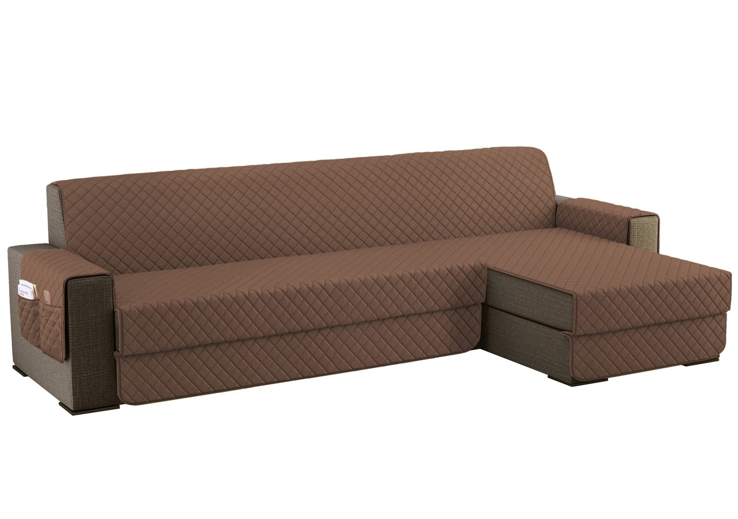 Copridivano con Penisola 4 Posti (L 300 CM) Destra/Sinistra Universale Reversibile Impermeabile, Copridivano Chaise longue Antigraffio, Copridivano Angolare con Tasche Portaoggetti - Marrone Chiaro