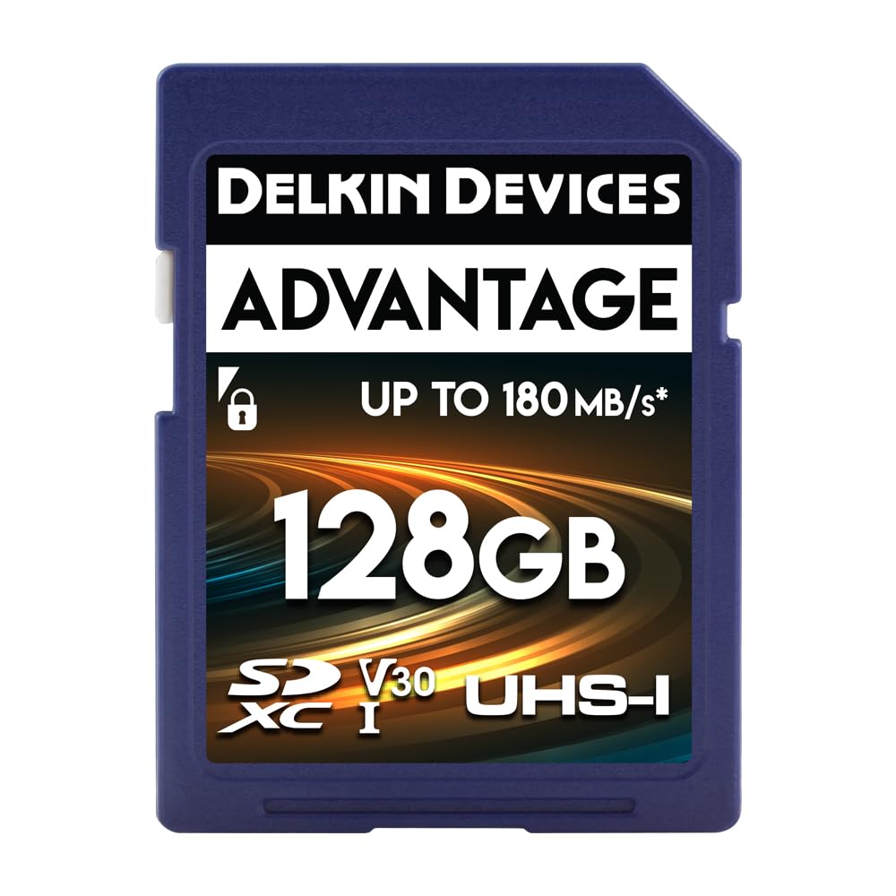 Delkin Devices Advantage - Scheda di memoria SDXC da 128 GB, UHS-I, fino a 100 MB/s in scrittura, lettura 180 MB/s, schede di memoria per fotocamere con C10, U3, V30, 4K UHD, scheda SD full size