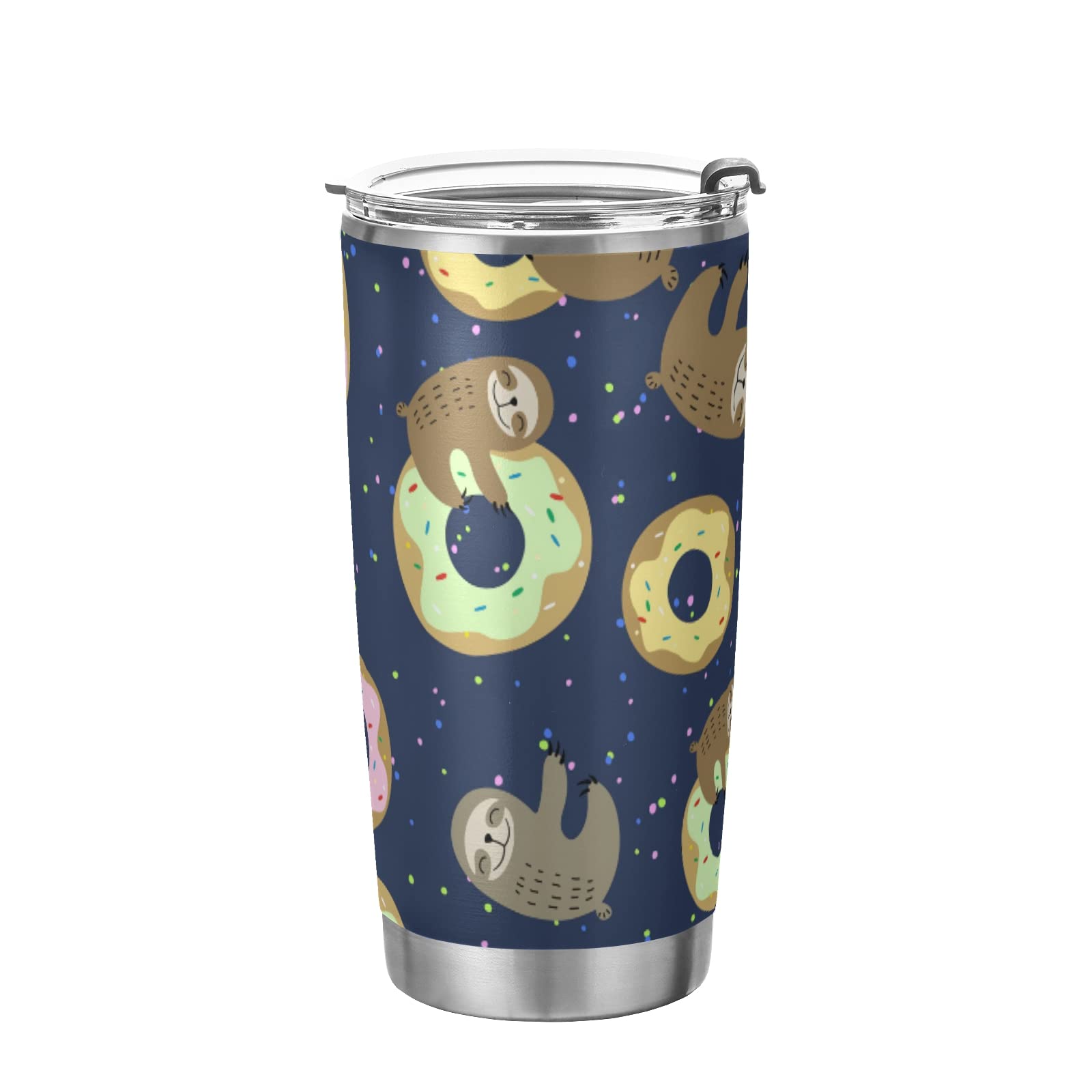 Poeticcity Cute Brown Sloth with Sweet Doughnuts on Dark Blue Tumbler with Lid and Straw, BPA-Free Vacuum Insulated Thermal Coffee Mug 20oz,Stainless Steel Double Wall Travel Cup Water Bottle