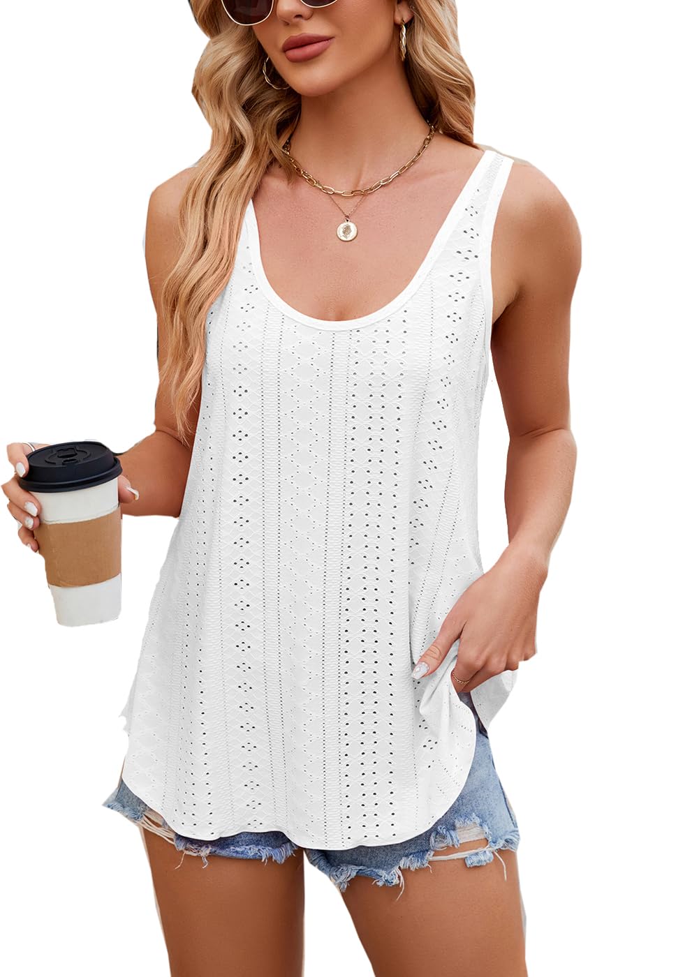 ACMOLIN Womens Tank Tops Sleeveless Eyelet Embroidery Scoop Neck Casual Summer Tank Top