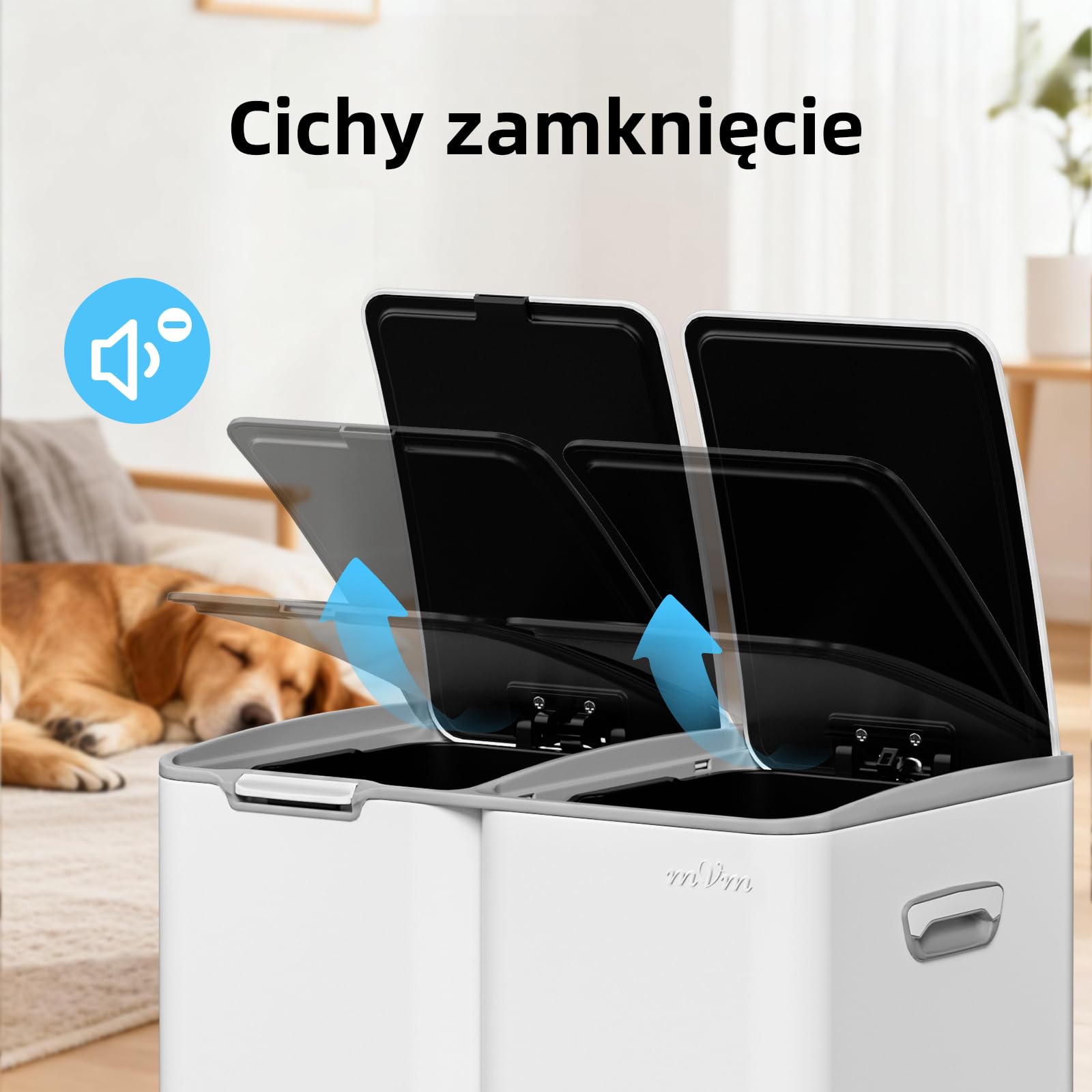 mVm Kosz na Śmieci do Segregacji Odpadów 60L 3 Komory, Stal Nierdzewna, Duża Pojemność, Kosz Kuchenny z Pokrywą Soft Close, Nowoczesny Pojemnik do Recyklingu
