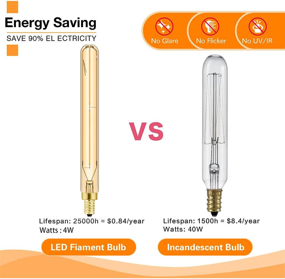E12 Long Led Bulbs 4W Dimmable E12 Candelabra Bulb Warm White 2500K Amber Tubular Light Bulb 40 Watt T6 Edison Bulb 400lm 7.3Inch Vintage LED Filament, 6Pack