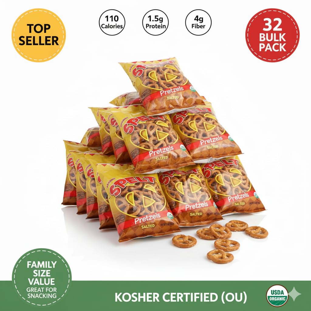 Organic Spelt Pretzels, 32 Count, Salted, Individual Bags, 1 oz Each, On the Go Healthy Lunchbox Snack Pack, 110 Calories per Serving, 100% Organic