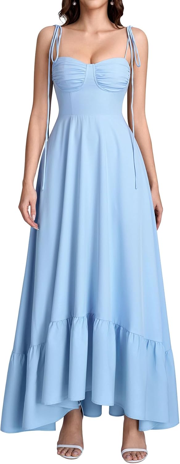 Auraxe Women's Summer Maxi Wedding Guest Dresses Spaghetti Strap Flowy A Line Sundress Casual Ruffle Smocked Long Beach Dress