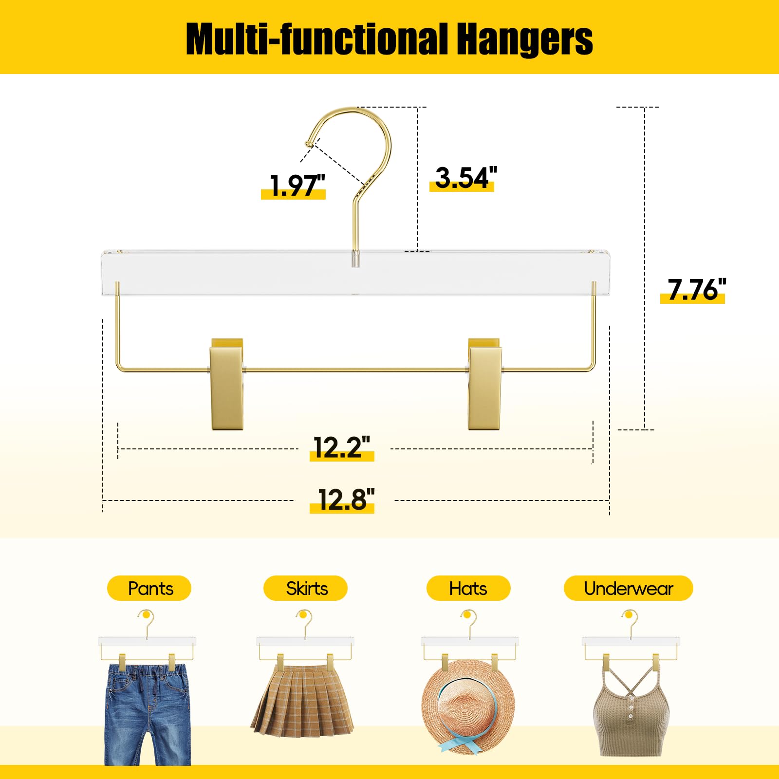 UEAKPIC 10 Pack Gold Acrylic Hangers, Clear Pants Hangers with Adjustable Non-Slip Clips for Coat, Skirts, Adults & Kids, Clothing Closet Storage