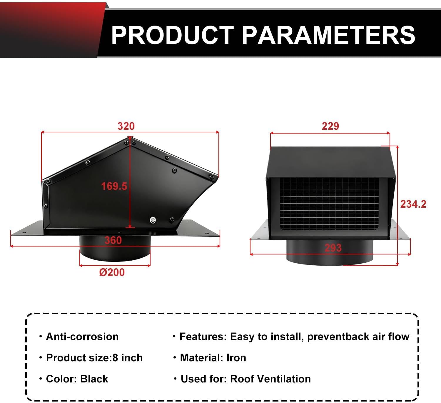 Removable Roof Vents 8 Inch, Roof Vent Cap Galvanized Steel Bathroom Roof Exhaust Vent for Ventilation System-with Damper, Black.
