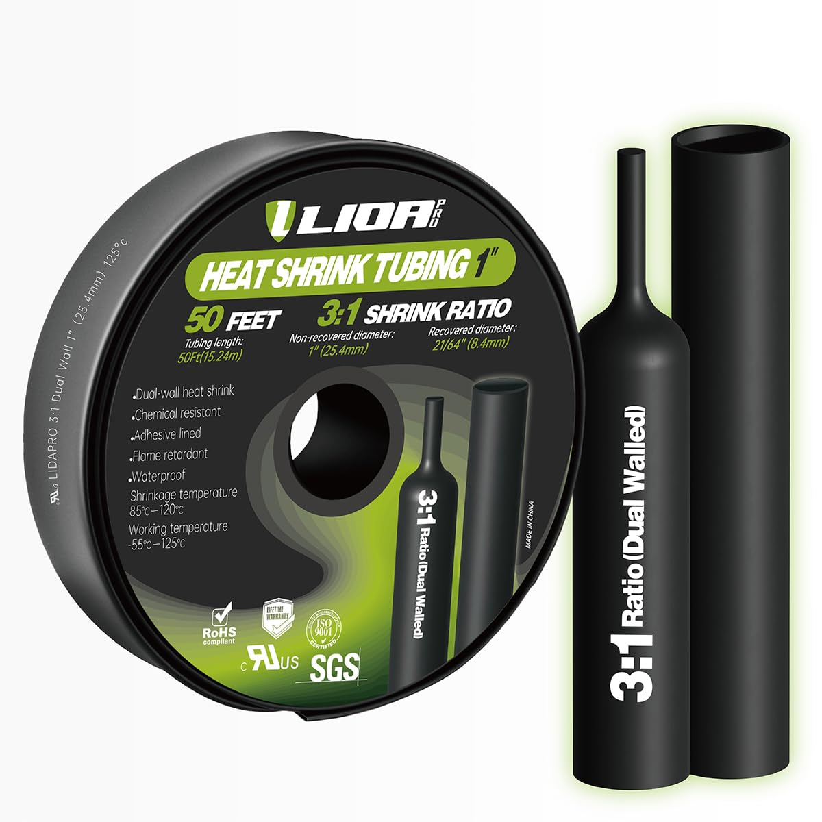 Heat Shrink Tubing 50 Feet Roll, 3:1 Ratio Adhesive Lined Marine Grade Shrink Wrap Tubing,Industrial Heat Shrink Tube Electrical 1 inch Black