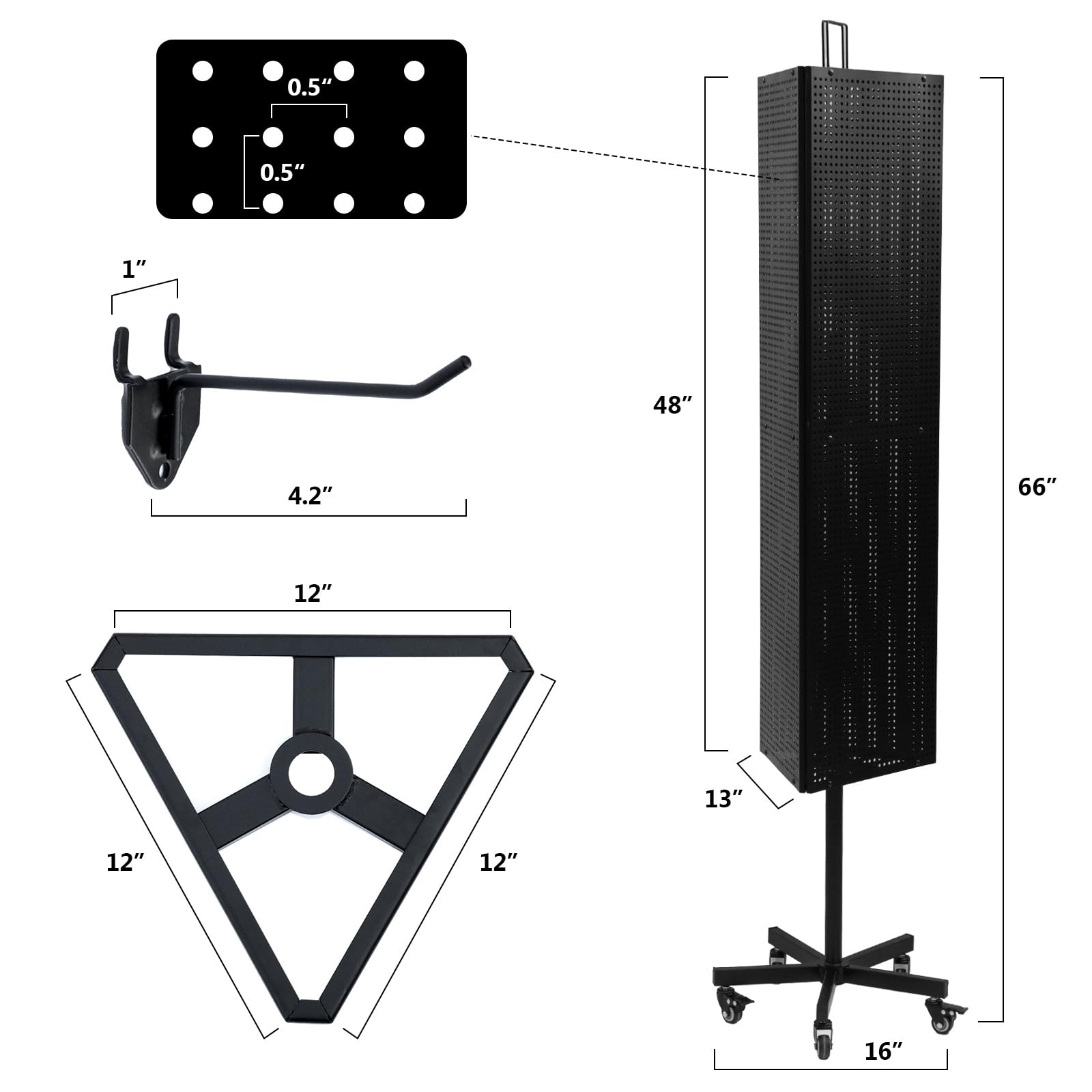 NectaCol Triangular Metal Pegboard Panels Display with Base and Pole, Black Pegboard Display Stand with Wheels, Jewelry Display Rack, Art Display Stand, Extra 20 pieces Hooks