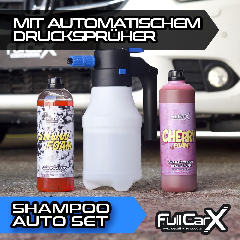 FULLCARX Autoshampoo Set mit Automatischem Drucksprüher Batterie USB, Snow Foam Shampoo PH Neutral Autoreinigung, Rosa Aktivschaum Vorreiniger Cherry Foam, Autopflege Auto Waschen Aussen Detailing