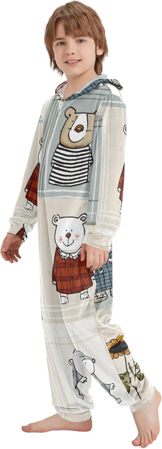 Cartoon Animal Flower PlaidPajamaSoft Casual Hooded One-Piecing Costume Sleepwearfor Christmas Home