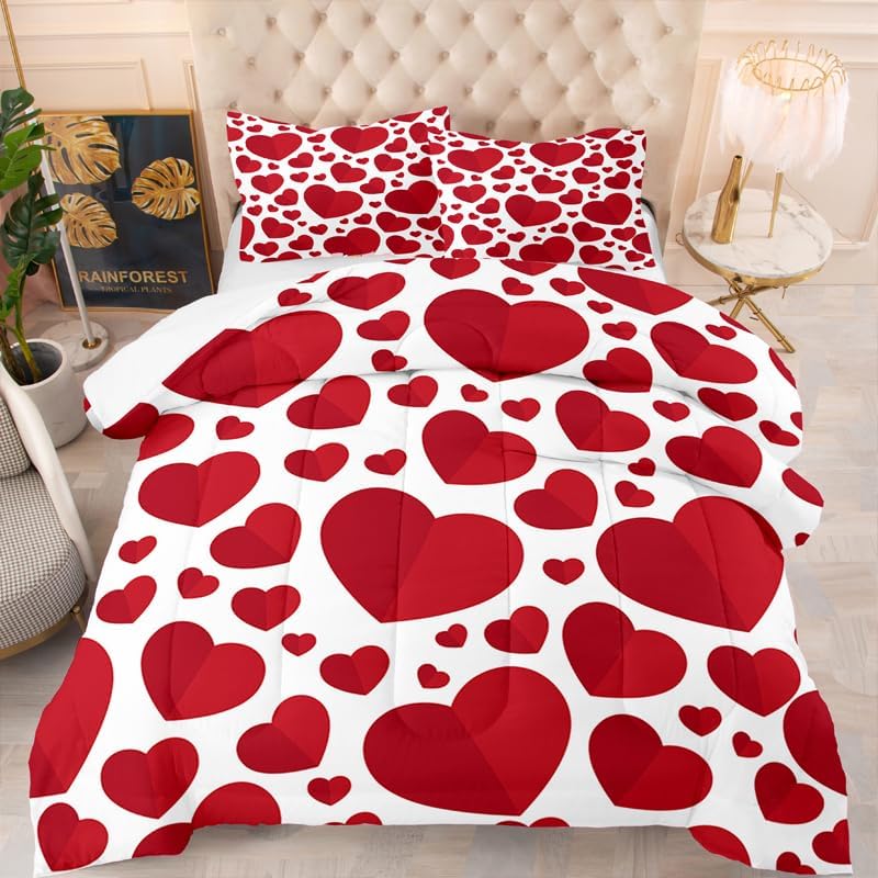 Valentine Comforter Set Red Hearts Quilt Bedding Set with 1 Comforter and 2 Pillow Covers for Bedroom Dormroom All Season King 104x90inches