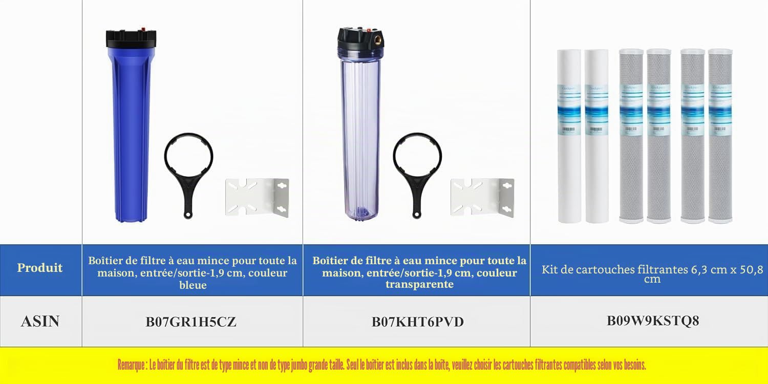 Geekpure Boîtier transparent pour filtre de 2,5 po x 20 po pour système de filtration d'eau pour toute la maison -Raccord en laiton BSP 3/4 po