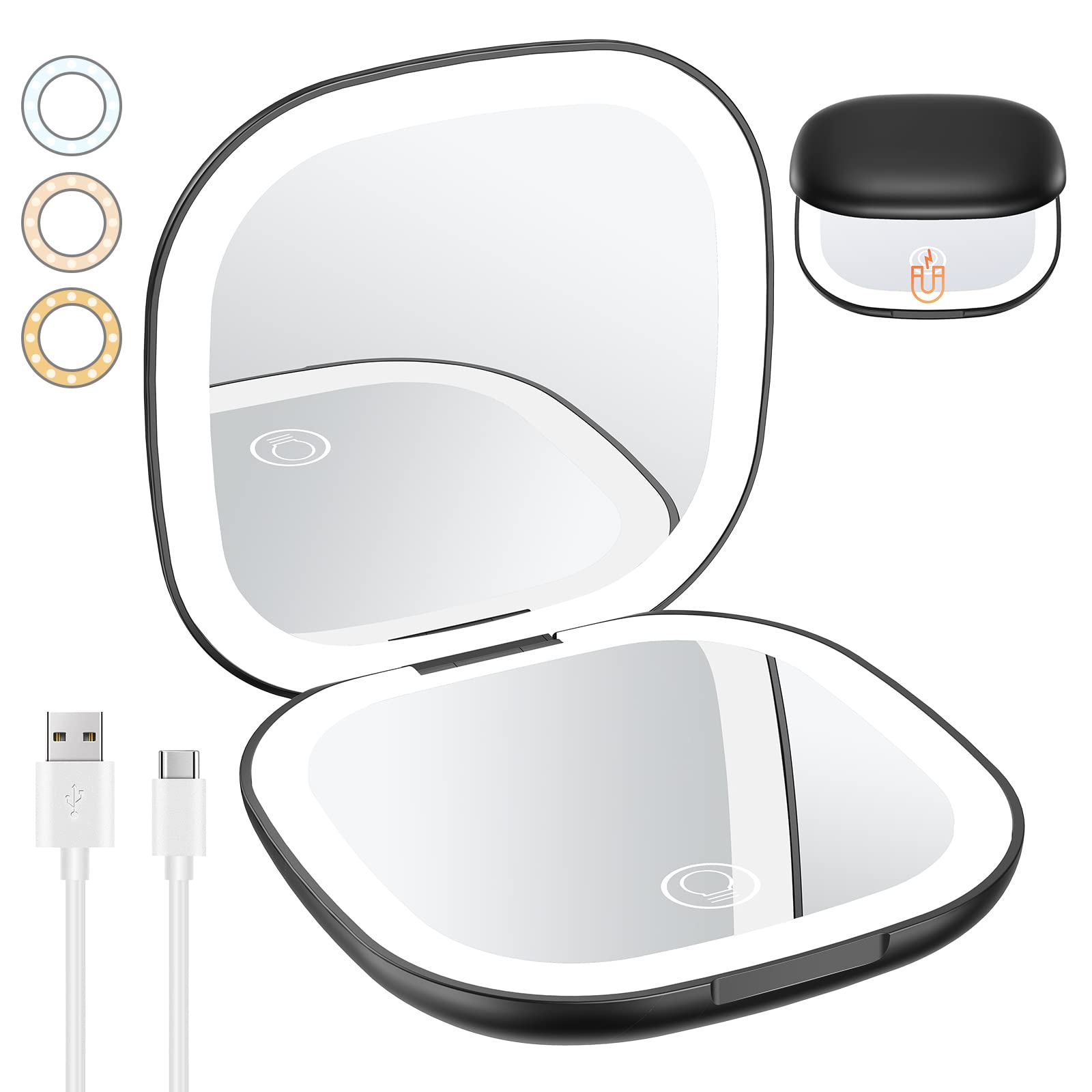 Benbilry Rechargeable Compact Makeup Mirror with Lights and Magnification 1X / 10X, Double Light Strip Dimmable Travel Makeup Mirror with 3 Light Colors Mini Magnetic Closing Pocket Mirror for Women