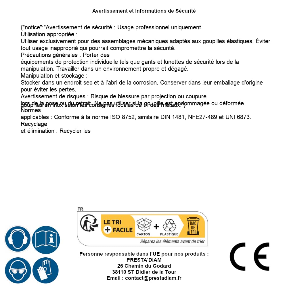 100 pasadores elásticos serie gruesa E 10 x 36 mm – ISO 8752 – DIN 1481 – NFE27-489 – UNI 6873 – Inox A1 – D-Work