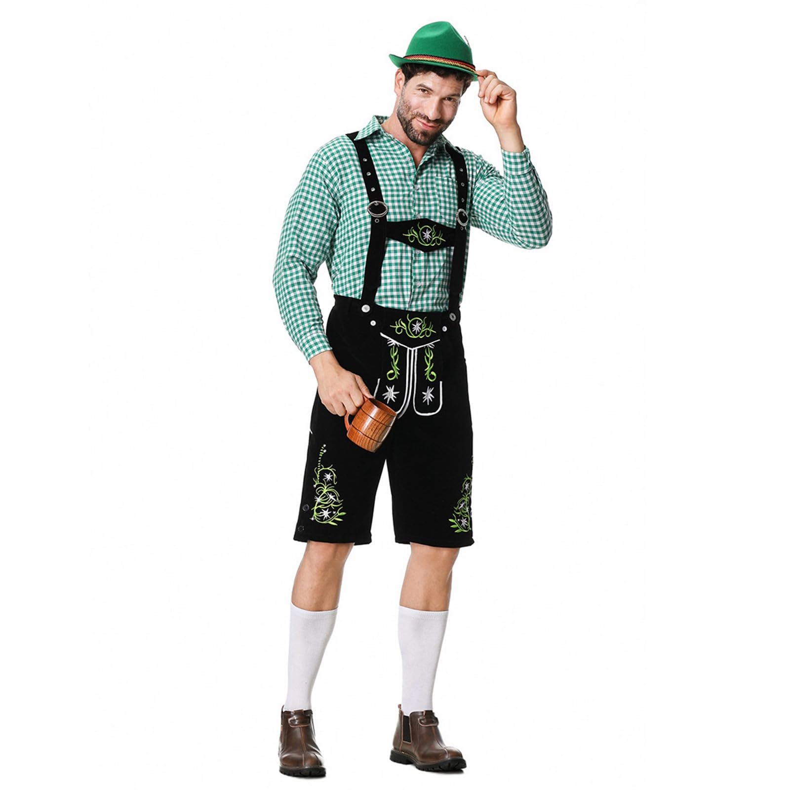 Lederhose Herren Kurz Schwarz,Lederhosen Mit TräGern Klassisch Trachtenhose Mit Stickerei Hemd Trachtenhosen Elegant Und Bequem Trachten Lederhose FüR Oktoberfest Bierfest