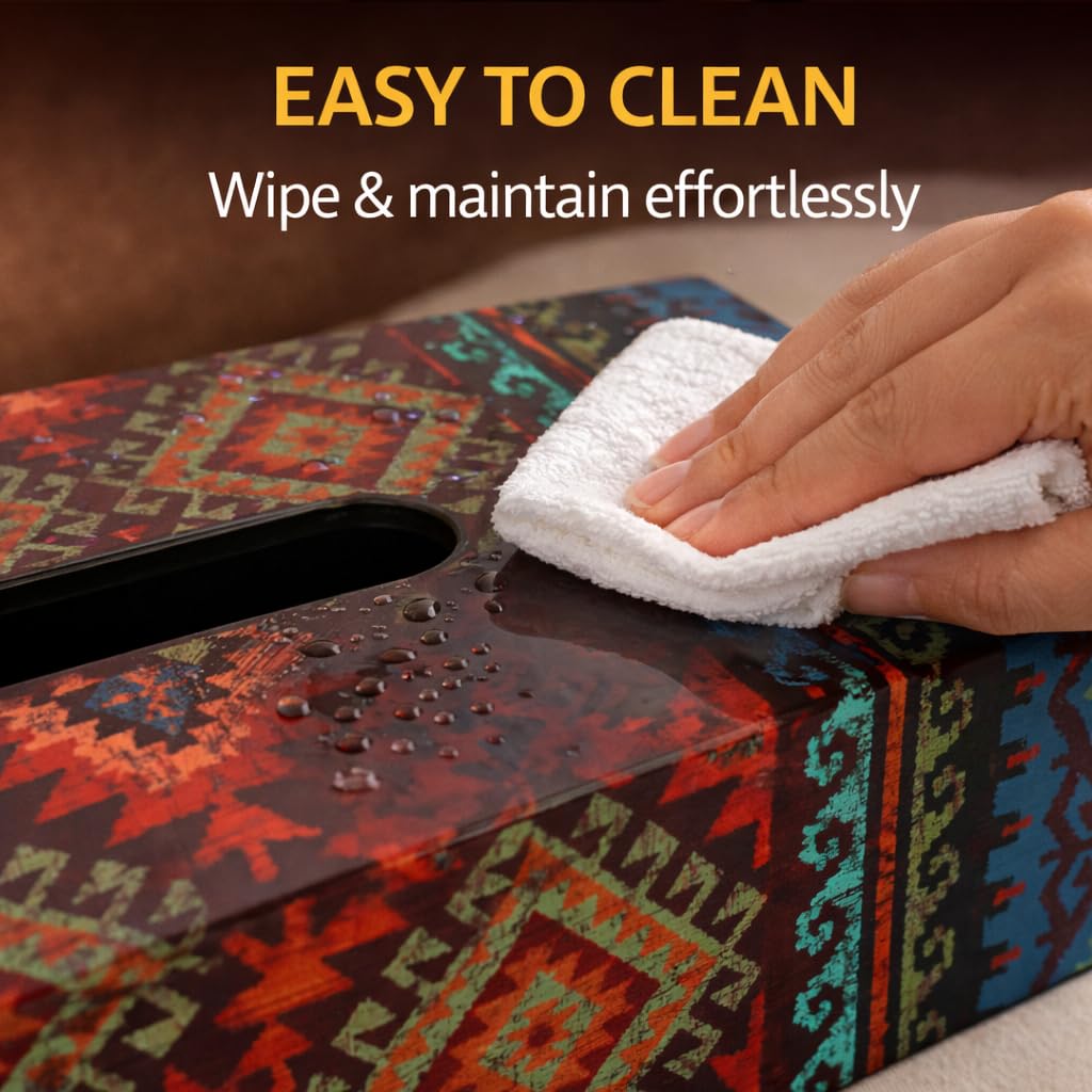 Reinvention Factory Designer Wooden Tissue Box Holder – Kilim Print | Decorative Tissue Paper Box & Napkin Holder for Dining Table, Living Room, Car & Office | Sliding Lid Tissue Box Cover (9 x 5 in) 3