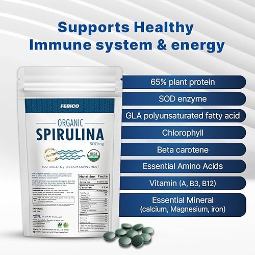 Miniatura 3 de FEBICO Tabletas de espirulina orgánica, 8.82 oz, suministro para 83 días, multivitamínico natural, proteínas, ficocianina, complejo de vitamina B,