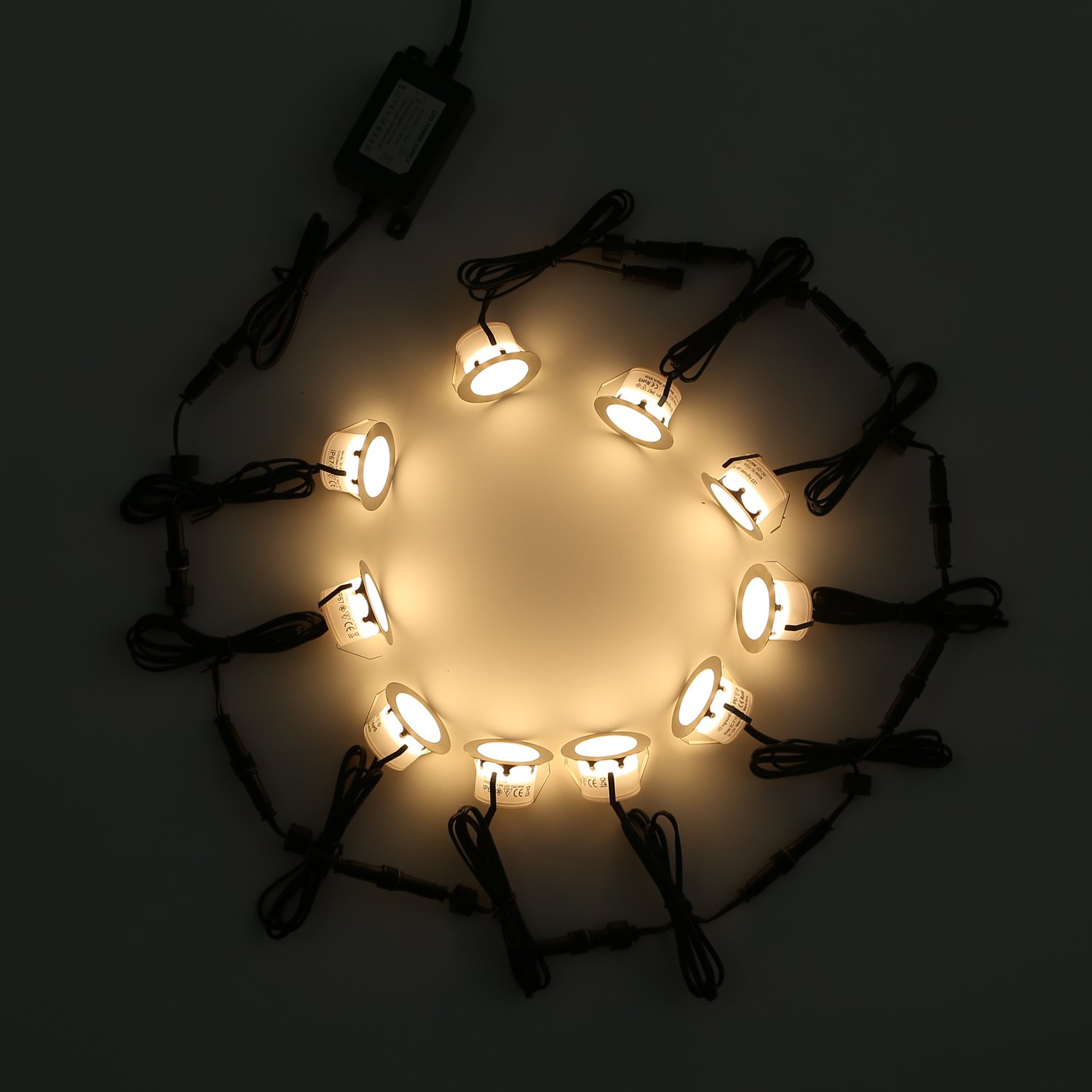 10er Mini LED Terrassen Einbaustrahler Außen, 12V 1W Warmweiß