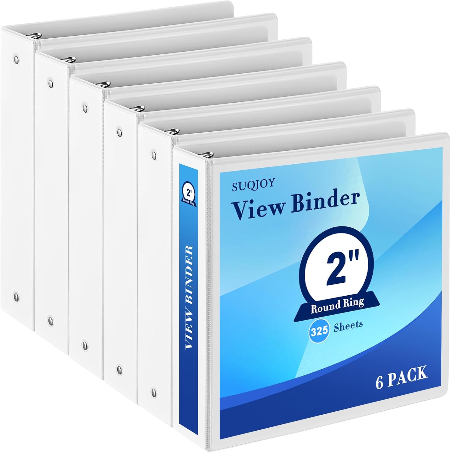 2 Inch 3-Ring Binder, 2" Round Ring Binder with 2 Inside Pockets, 6 Pack White Binders, Clear View Cover, Holds Up to 450 Sheets 8.5" x 11" Paper，Durable Binders for Office/Home/Back to School