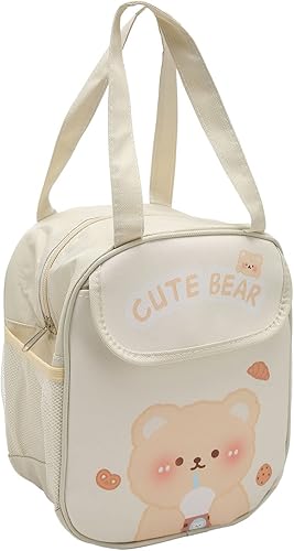 TOPINCN Bolsa de almuerzo aislada, lonchera Kawaii gruesa de tela Oxford de poliuretano para oficina (oso de té con leche beige)