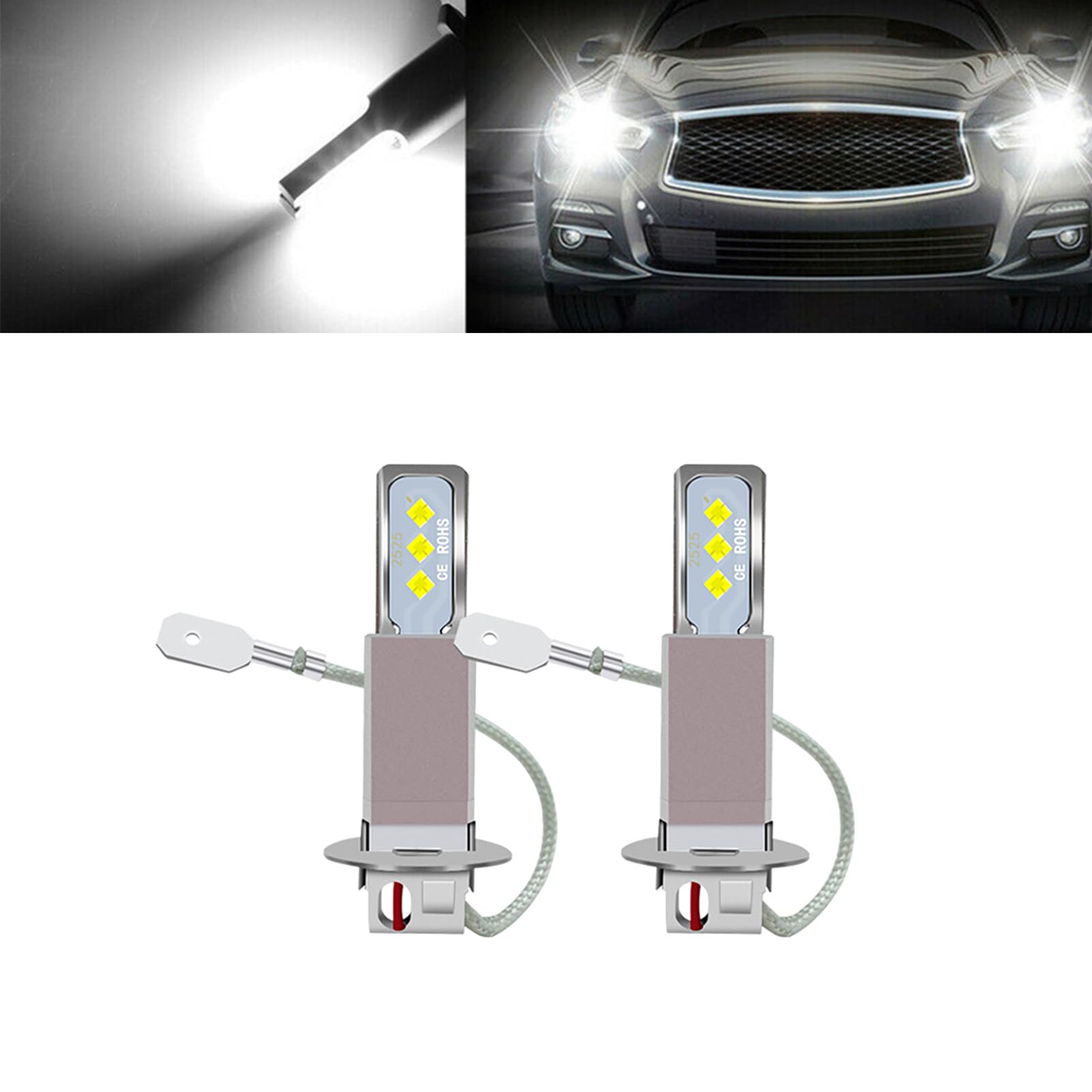 Sinytuto 2 PCS Car LED Fog Light Bulbs, 360 Degrees Waterproof Metal Vehicle Daytime Running Lights Replacements, Universal Automotive Lighting Accessories for Truck SUV Car (White Light #H3)