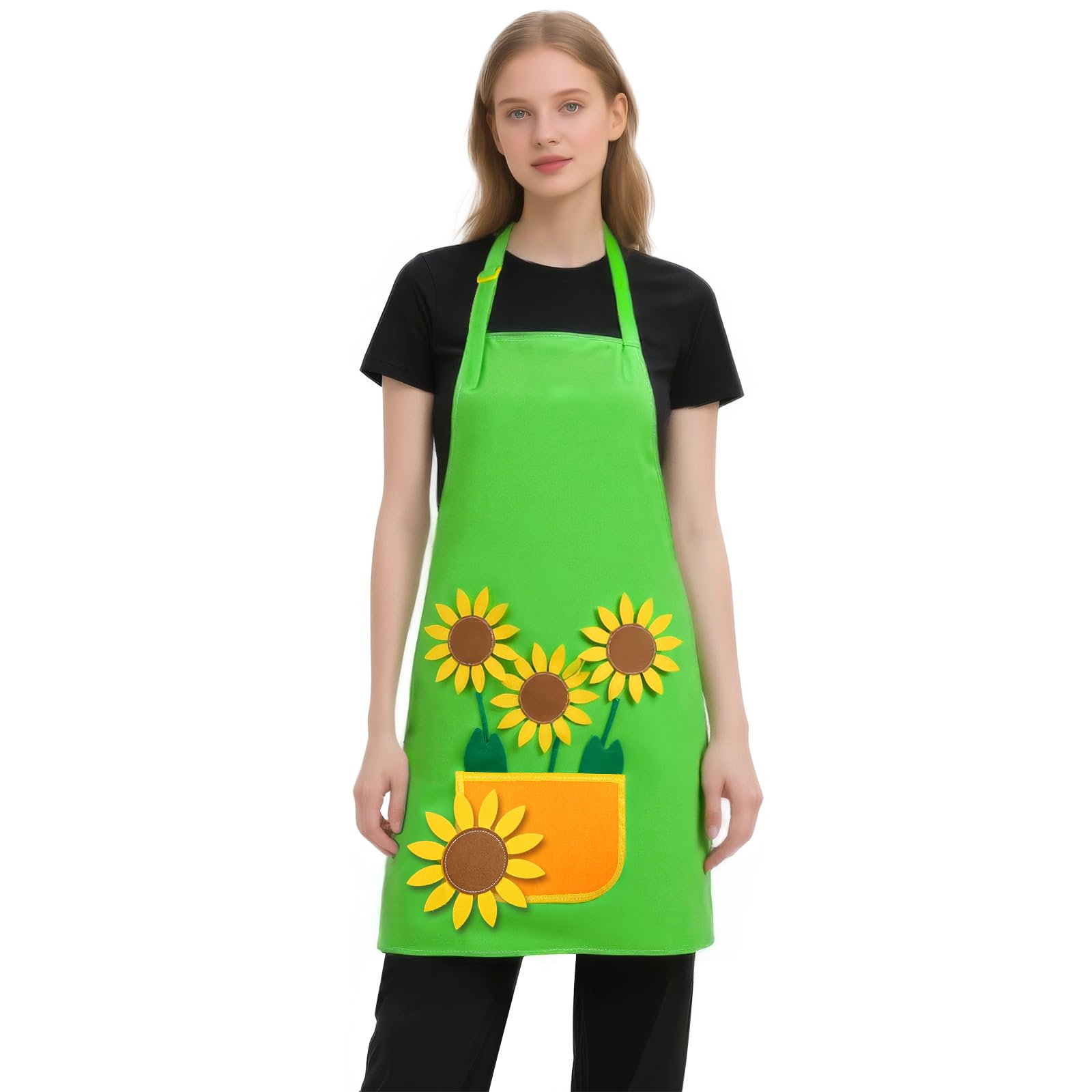 Alaoo Gärtnerschürze, DIY Gartenschürze Kostüm, Grün Gärtnerin Kostüm mit Sonnenblumen- und Wiese Applikationen, Unisex Design für Karneval und Mottopartys (Erwachsene)