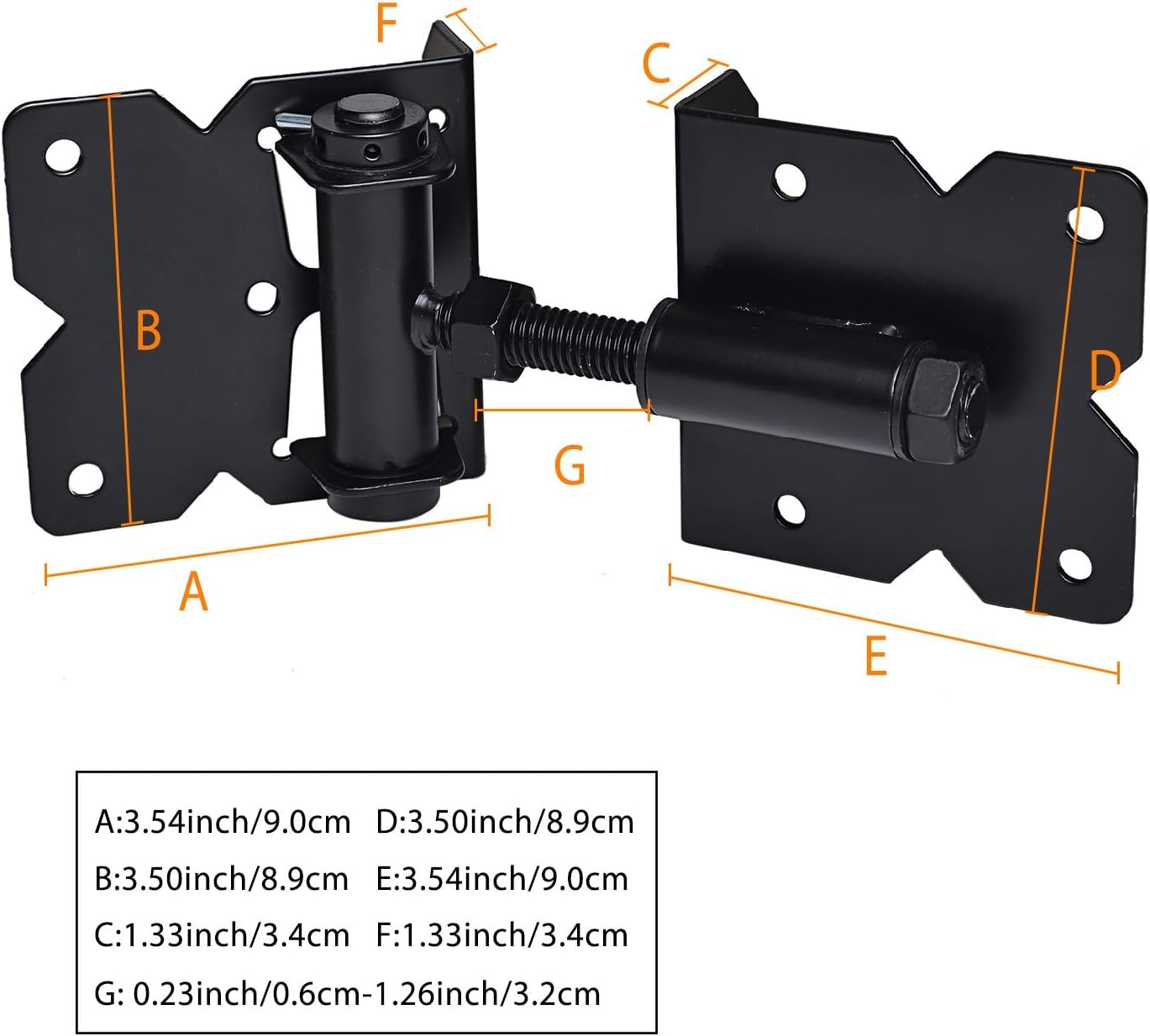 Bisagras de cierre automático resistentes para vallas de madera/vinilo/PVC, 90 grados ajustables, con tornillos de instalación y herramienta de ajuste de oscilación, paquete de 2, color negro