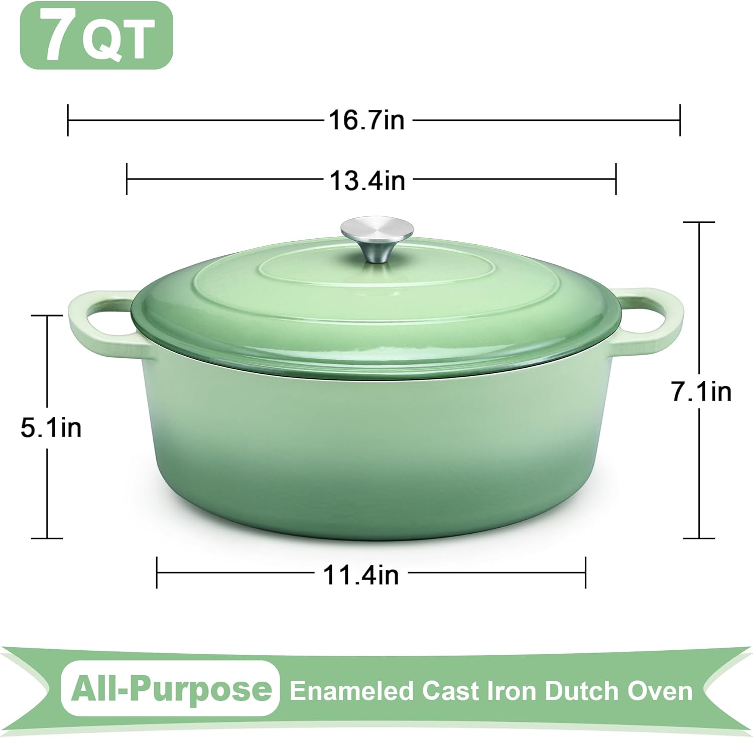 E-far 7QT Oval Dutch Oven Pot with Lid, Enameled Cast Iron Dutch Oven with Dual Handles, Heavy-Duty Cookware for Sourdough Bread Baking, Braising, Stews, Oven Safe & Easy Clean, Green