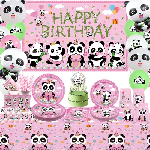 Obussgar Jogo de decoração de festa de aniversário com tema panda - fundo, pratos, canecas, toalhas de mesa, balões - para 20 pessoas (C)
