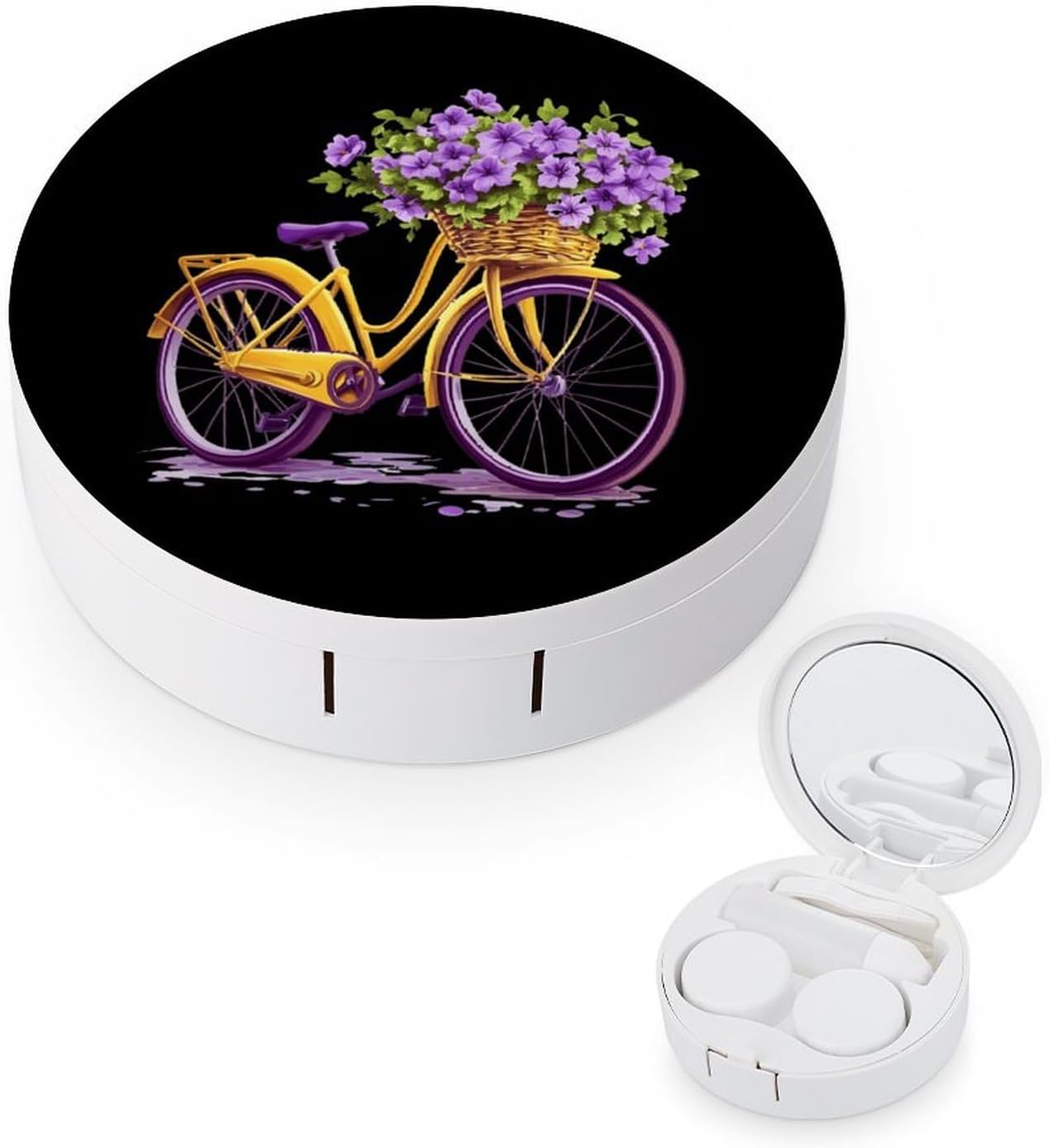 Yellow Bicycle with Flower Contact Lens Case Portable Travel Box Holder with Mirror
