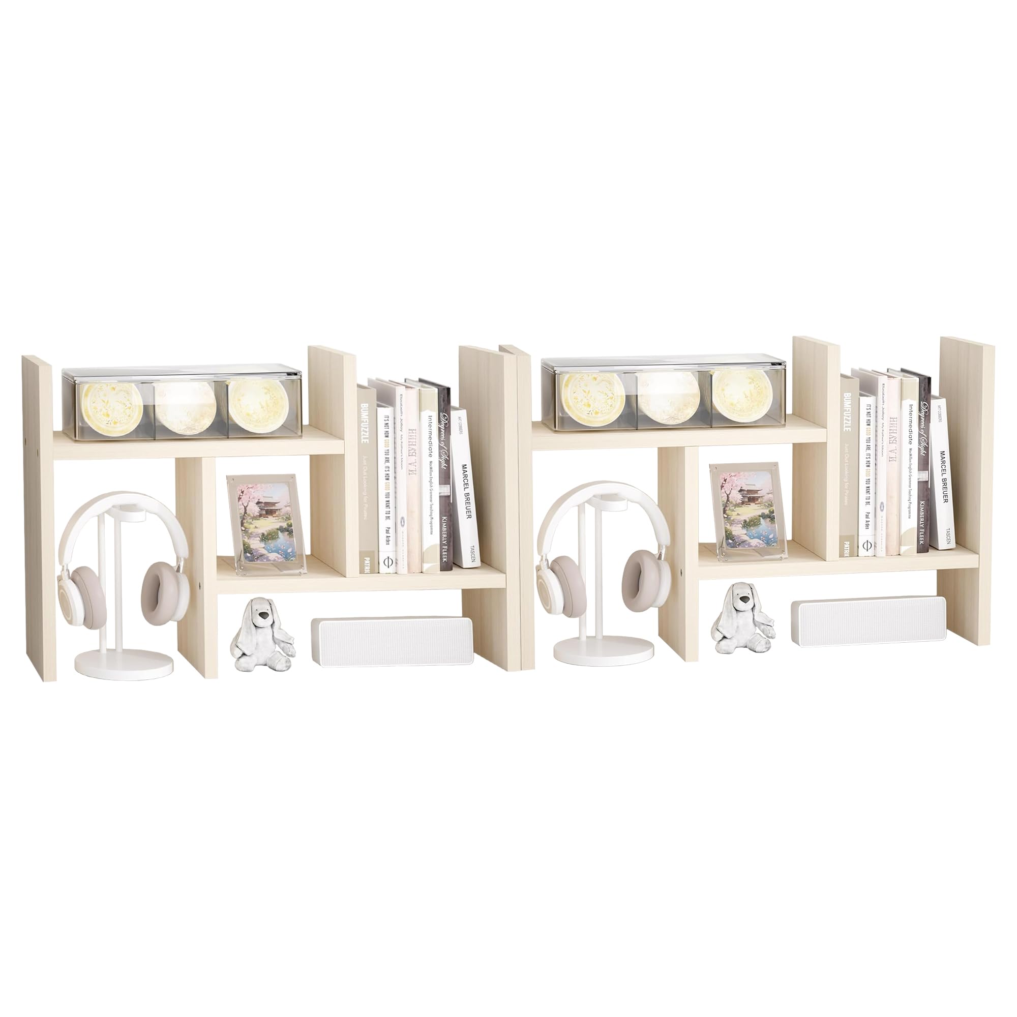 Jerry &amp; Maggie Desktop Organizer Office Storage Rack Adjustable Wood Display Shelf Free Style Double H, Multi-Functional Mini Bookshelf for Desk Natural Stand (White Wood Tone/2 Pack)