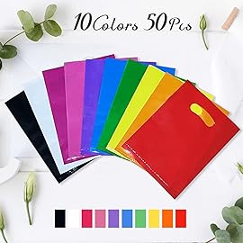 VieFantaisie Plastic Party Favor Bags, 50 PCS 6 x 8 Assorted Color Party Goodie Bags for Kids, Plastic Favor Bag Bulk with Handle for Kids Birthday Party, Christmas, Halloween, Weddings