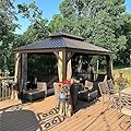 Domi 10’x12’ Hardtop Gazebo with Aluminum Frame, Outdoor Metal Gazebo with Galvanized Steel Double Roof, Heavy Duty Curtains and Netting Included, Permanent Pergola for Backyard, Garden Lawn, Brown