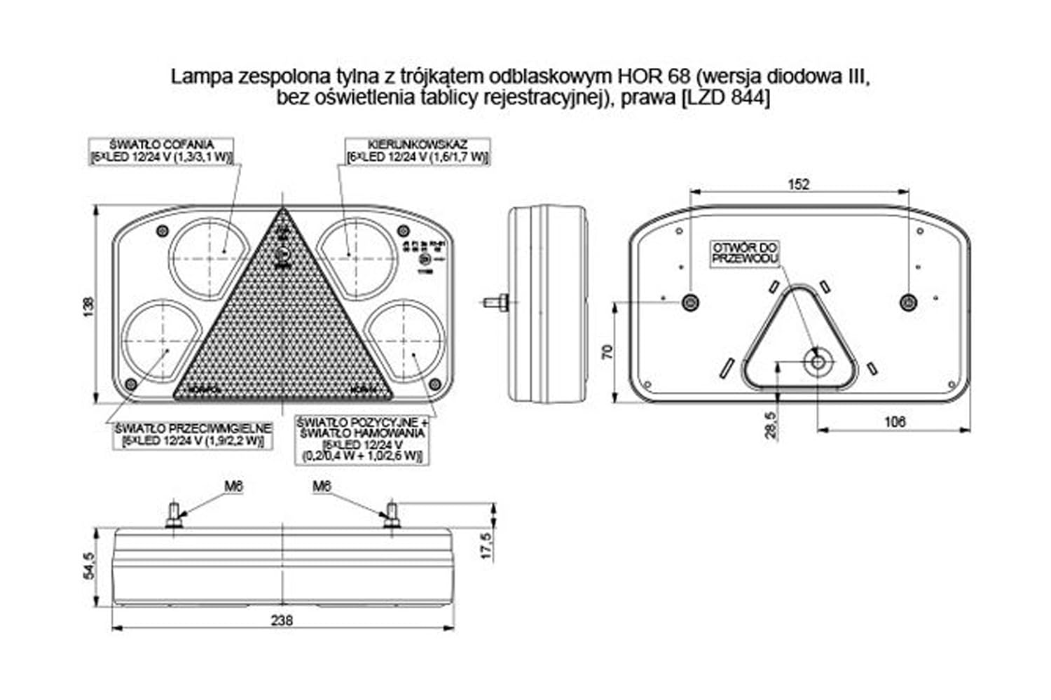 HORPOL Multifunktionale rechte LED-Rückleuchte mit Dreiecksreflektor LZD 845