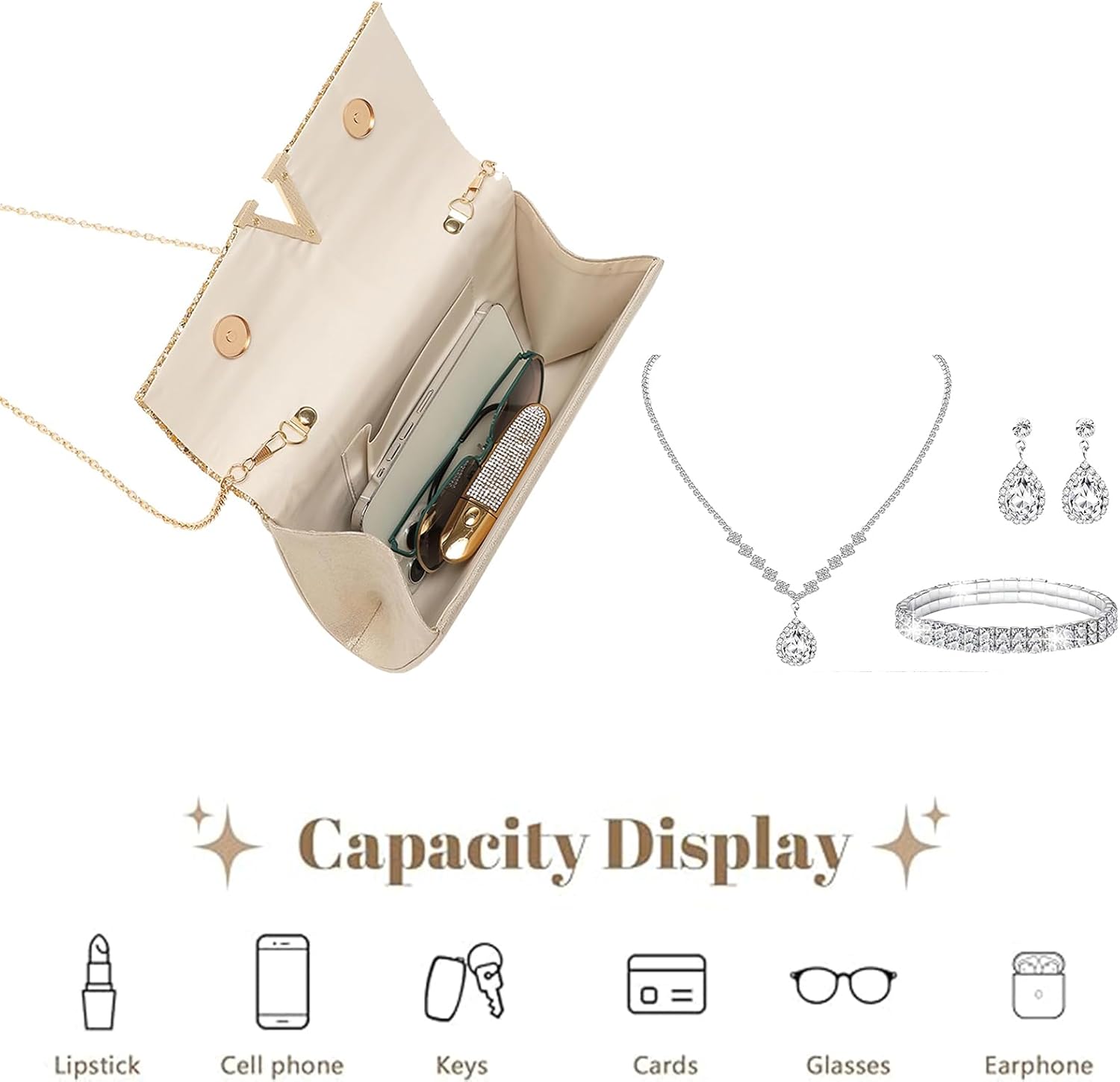 YYW 4 Pieces Women Evening Handbags Clutch Purses Shoulder Bag with Rhinestone Jewelry Set for Party Wedding - Image 5