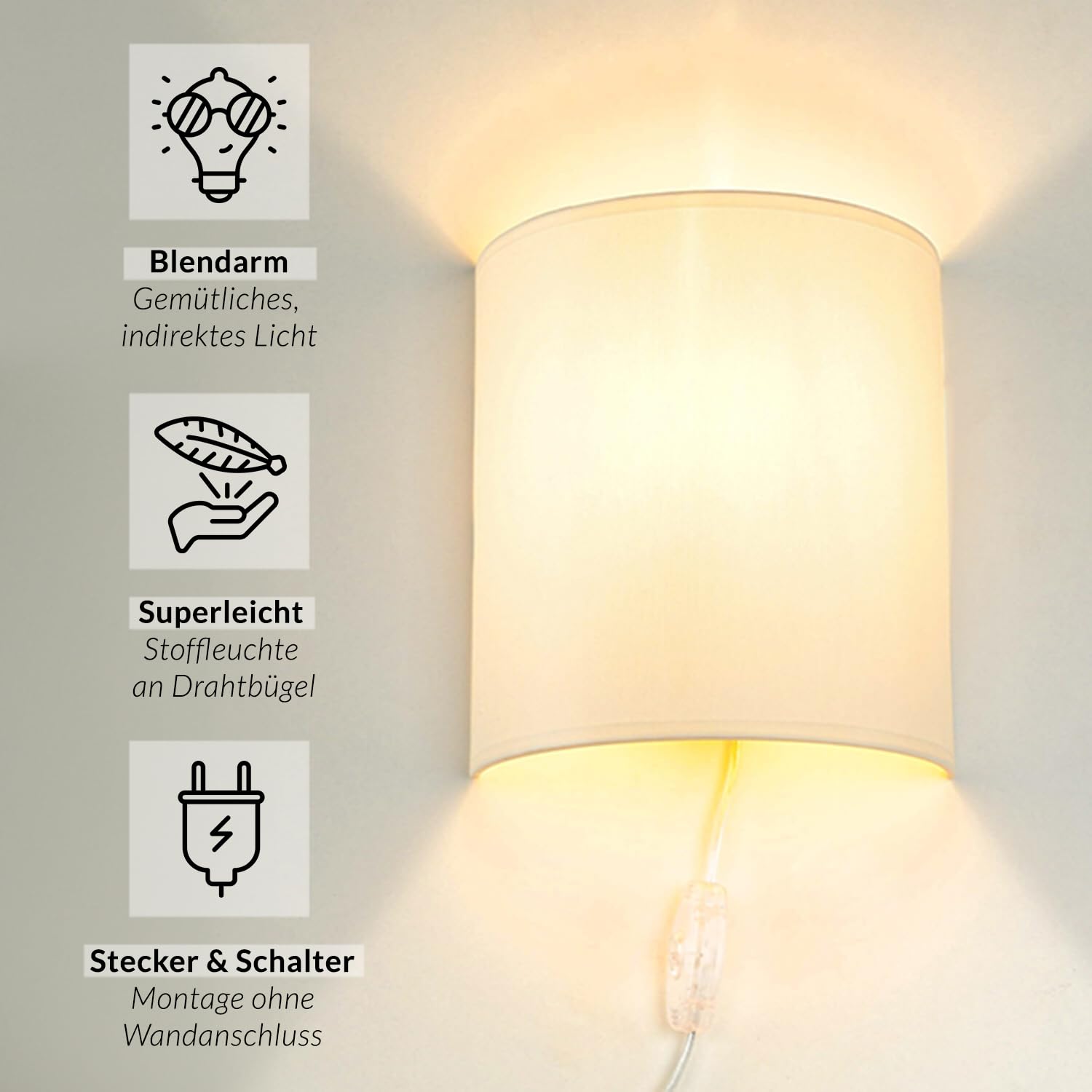 Licht-Erlebnisse Wandlampe mit Schalter und Stecker, Lampe Wand Innen, Wandleuchte Schlafzimmer, Creme, Stoff, B:20 cm, Up Down, indirekt, wohnlich, blendarm, Wandlampe Modern