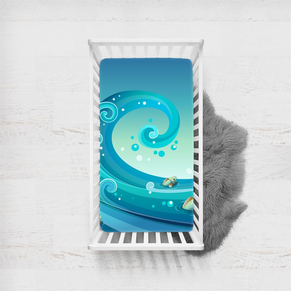 Odot Cot Bed Sheets Fitted Sheets Travel Cot Sheets Cartoon Blue Ocean Print Microfiber Cozy Lightweight Breathable Mattress Protector for Baby Bedside Cribs Bassinet (Waves,80x160cm)