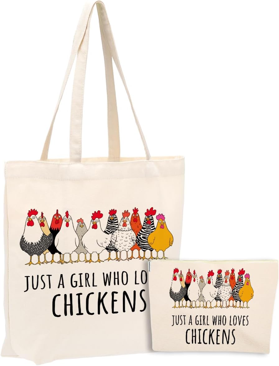 jeilink Watercolor Dinosaur Horse Wolf Fox Cow Chicken Canvas Tote Bag with Makeup Bag for Women Girls Birthday Christmas