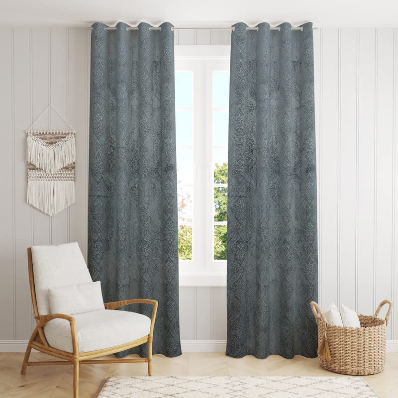 Image of Suede Velvet Embossed Room Darkening Door Curtain for Living Room, Bedroom, Hallway, 8 feet Long, Grey, Set of 1