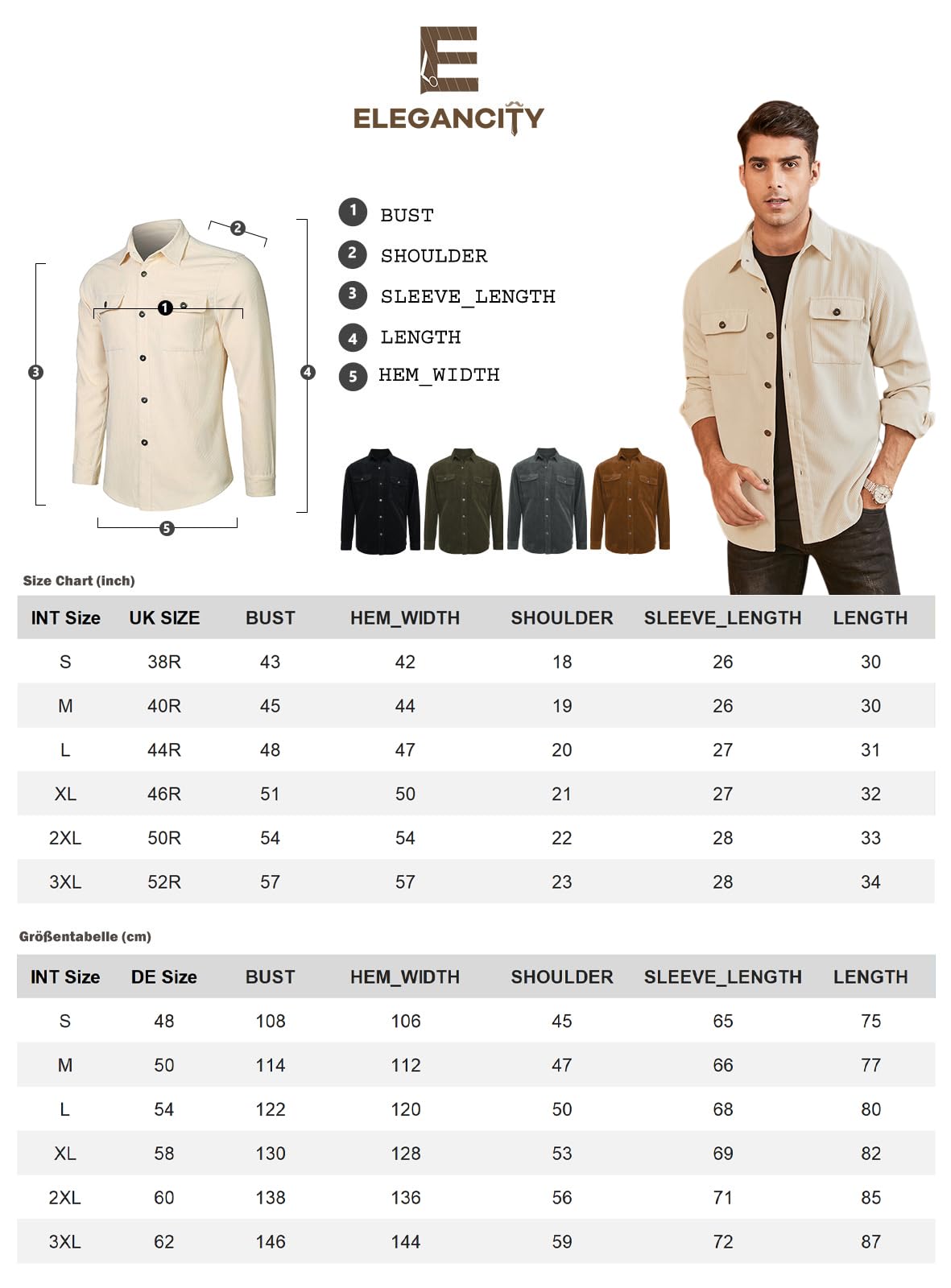 Elegancity Uomo Camicia in Velluto a Coste a Manica Lunga Casual Camicia Uomo Giacca Regular Fit Button Up Camicia Giacca con Tasca con Patta S-XXXL