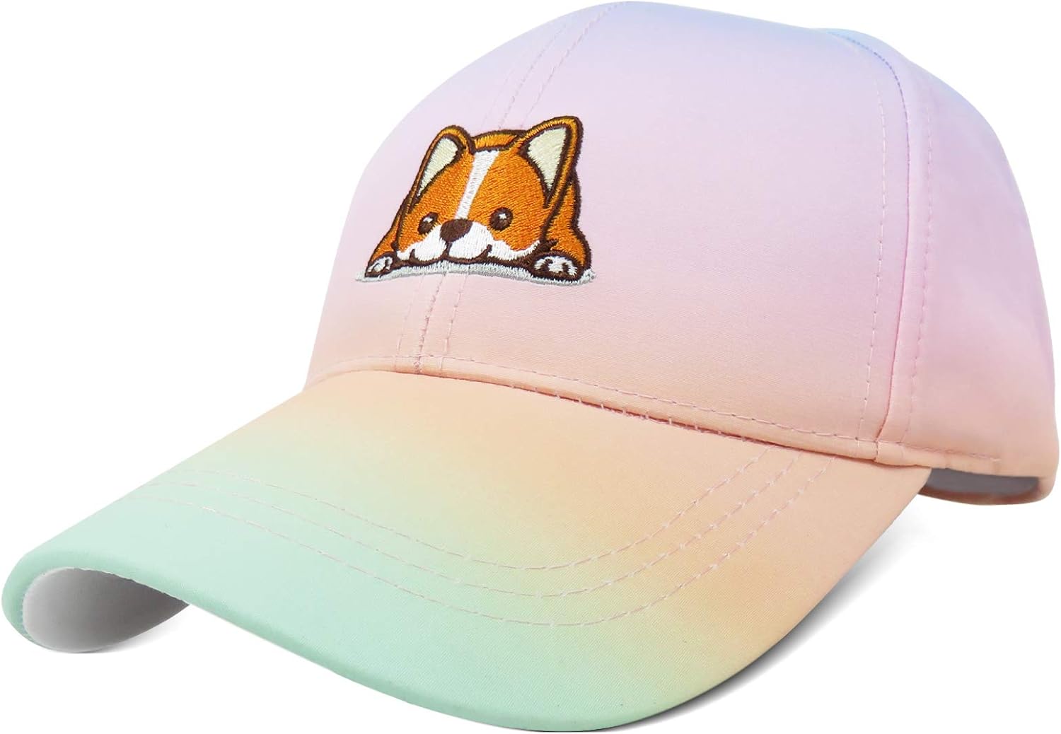 Adjustable Baseball Cap with Button,Cute Corgi Dog Pattern Embroidery Dad Hat for Women Kids Boys Girls,Unisex Sun Protective Rainbow Outdoor Sports Cap