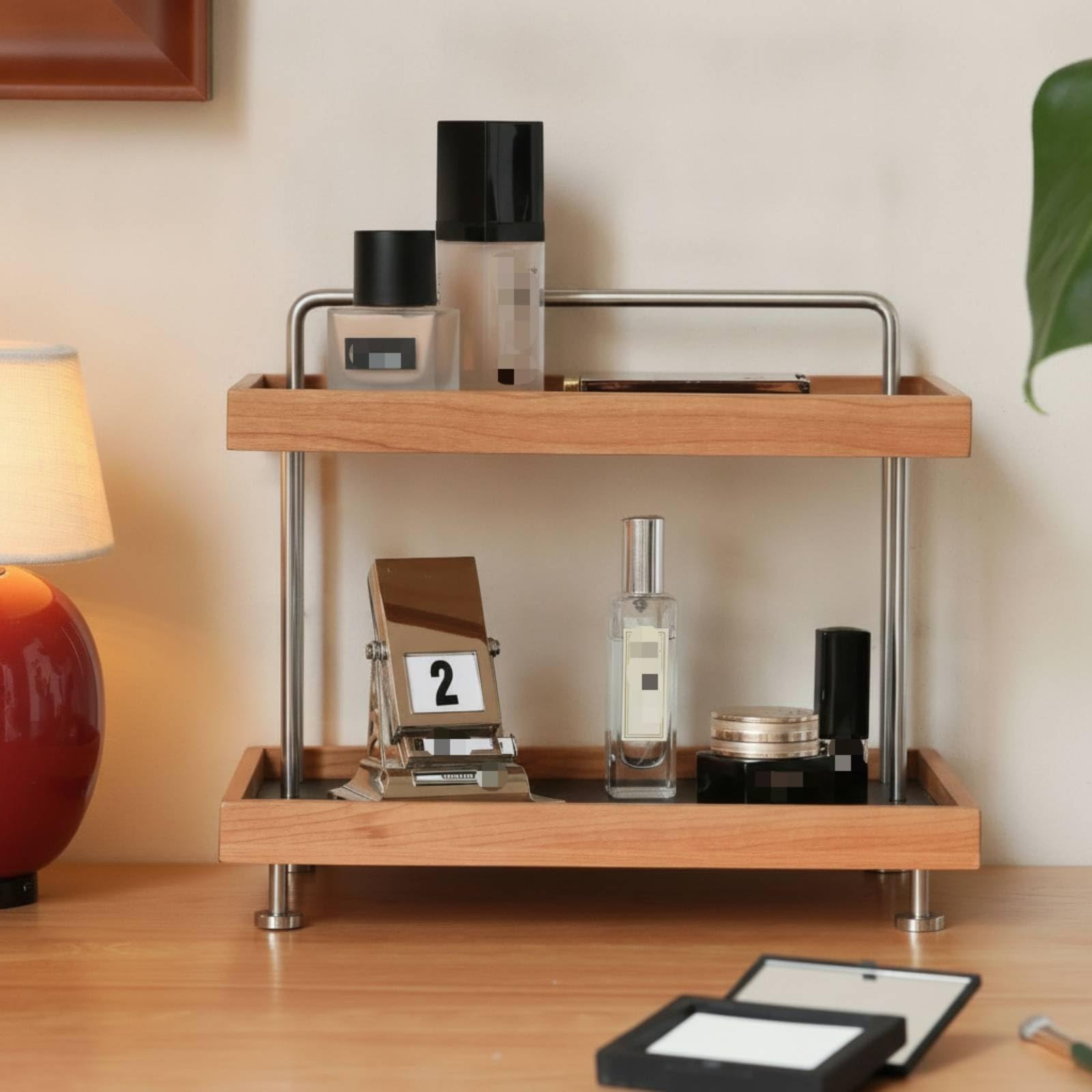 LOVIVER Estante de Maquillaje Organizador Tocador Repisa Bandeja Soporte de Almacenamiento de Dos Niveles con Madera de Cerezo y Soportes de Acero Cepillado