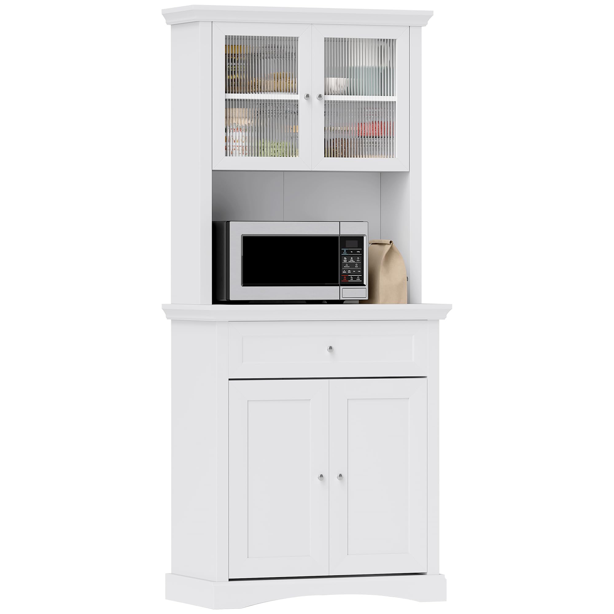 HOMCOM 4-Door Kitchen Cupboard with Drawer, Freestanding Kitchen Cabinet with Glass Doors, Adjustable Shelves and Open Counter, White