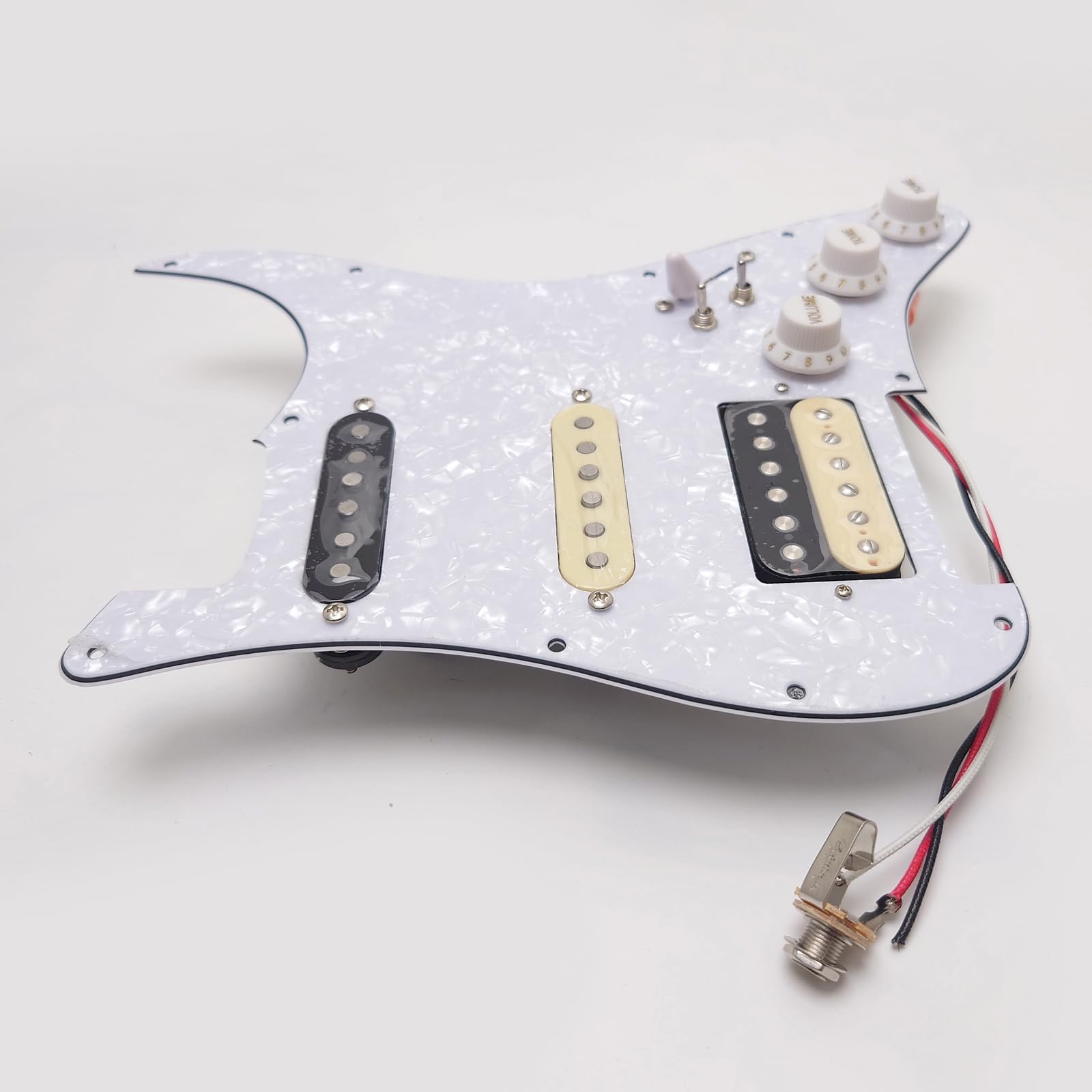 SSH Guitar Prewired Loaded Strar Pickguard with Alnico 5 Humbucker Pickups, Coil Splitting, 3-lagig Pick Guard for USA/Mexico Fender Stratocaster Electric Guitar Replacement Parts (White Pearl-A)