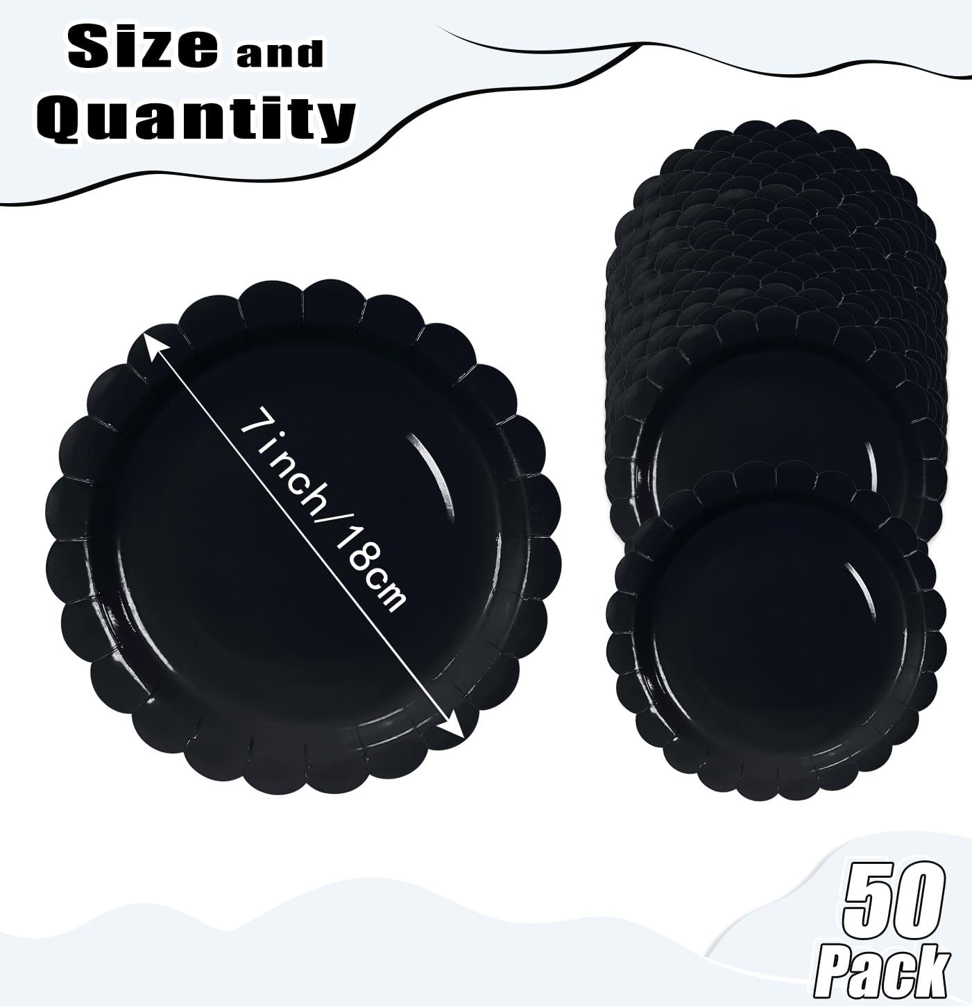 HEIPINIUYE 50 Pieces Black Paper Plates 7 Inch Black Scalloped Plates Disposable Dinner Plates for Wedding Baby Shower Birthday Party Dessert Plates - Image 2