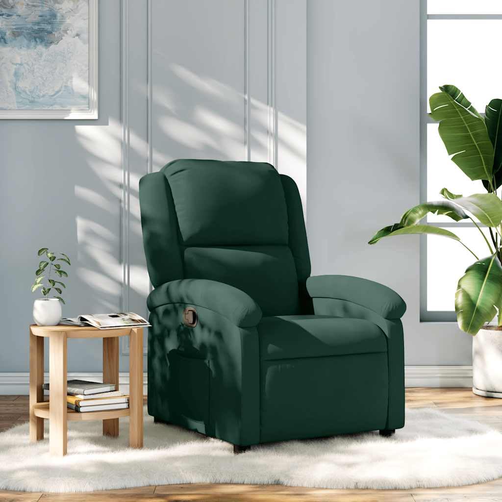 Fotel relaksacyjny, ciemnozielony aksamit z ręczną funkcją leżenia, regulowane oparcie i podnóżek, ergonomiczny fotel tapicerowany z podłokietnikami, rama drewniano-metalowa do salonu i