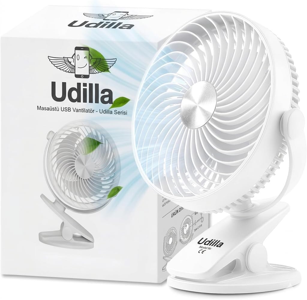 1800 mAh Bataratyalı USB Mini Vantilatör Fan Klipsli Sabitleme - 360° Ayarlanabilir - Ultra Güçlü Hava Akımı ile Süper Serinlik Hissi - Sessiz, Portatif, Taşınabilir (Beyaz, Klipsli)
